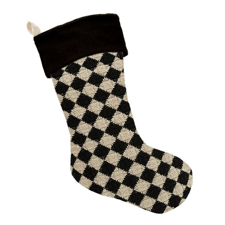 Black and cream checkered hanging stocking. Retro Christmas. Vintage Christmas. Indaba. 