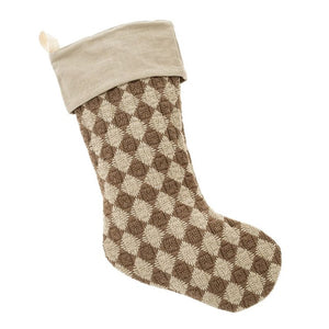 Cream and tan checkered hanging stocking. Indaba. Retro Christmas