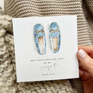 Sample truth for today card with watercolored moccasins and the verse Psalm 119:76