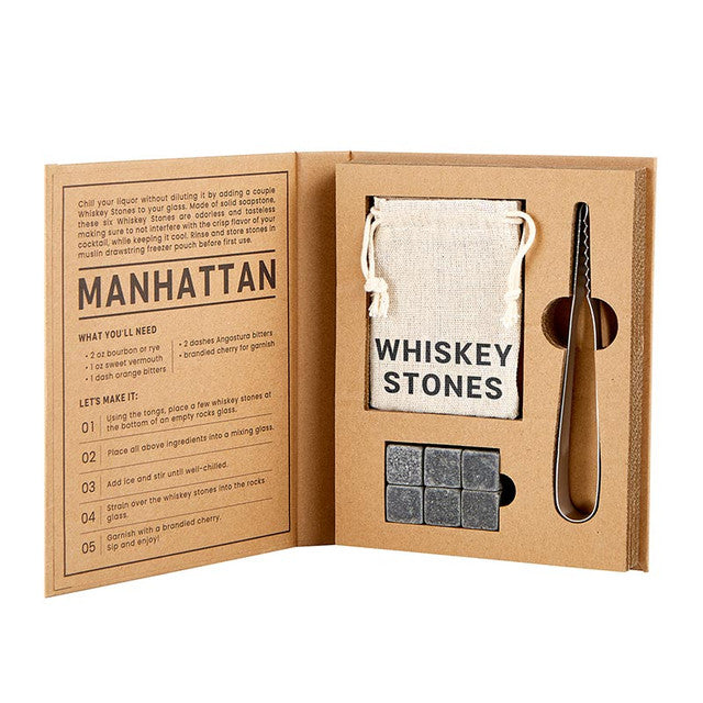 "Let's Rock This" whiskey stones gift box opened to display contents. 