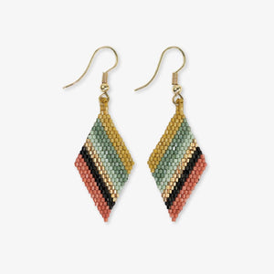 multicolored angle striped beaded earrings. Gold, mint green, black, blush. 