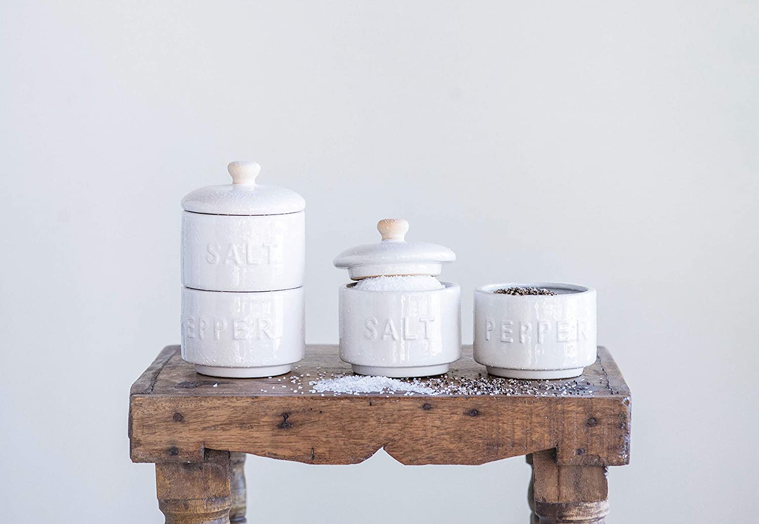 stackable salt and pepper ceramic pots. Artisan kitchen decor. 