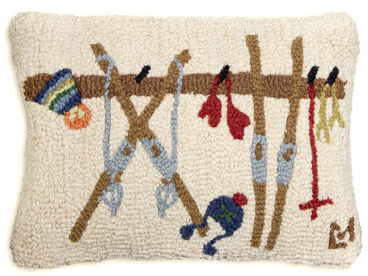 Multi colored hooked wool "Ski Rack" pillow. Chandler 4 Corners. Sundance Catalog