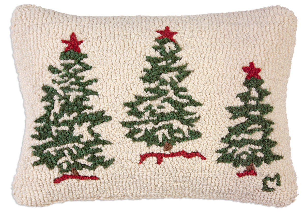 Trees on White Hooked Wool Pillow 